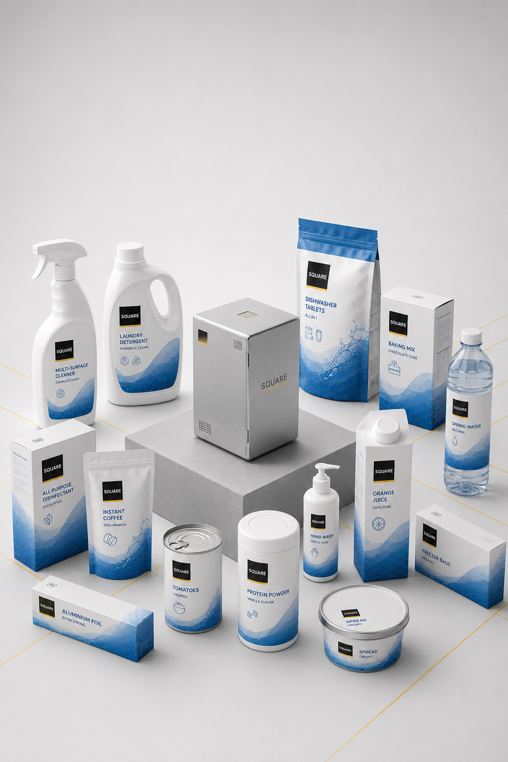 A diverse set of Square-produced packaging across multiple categories