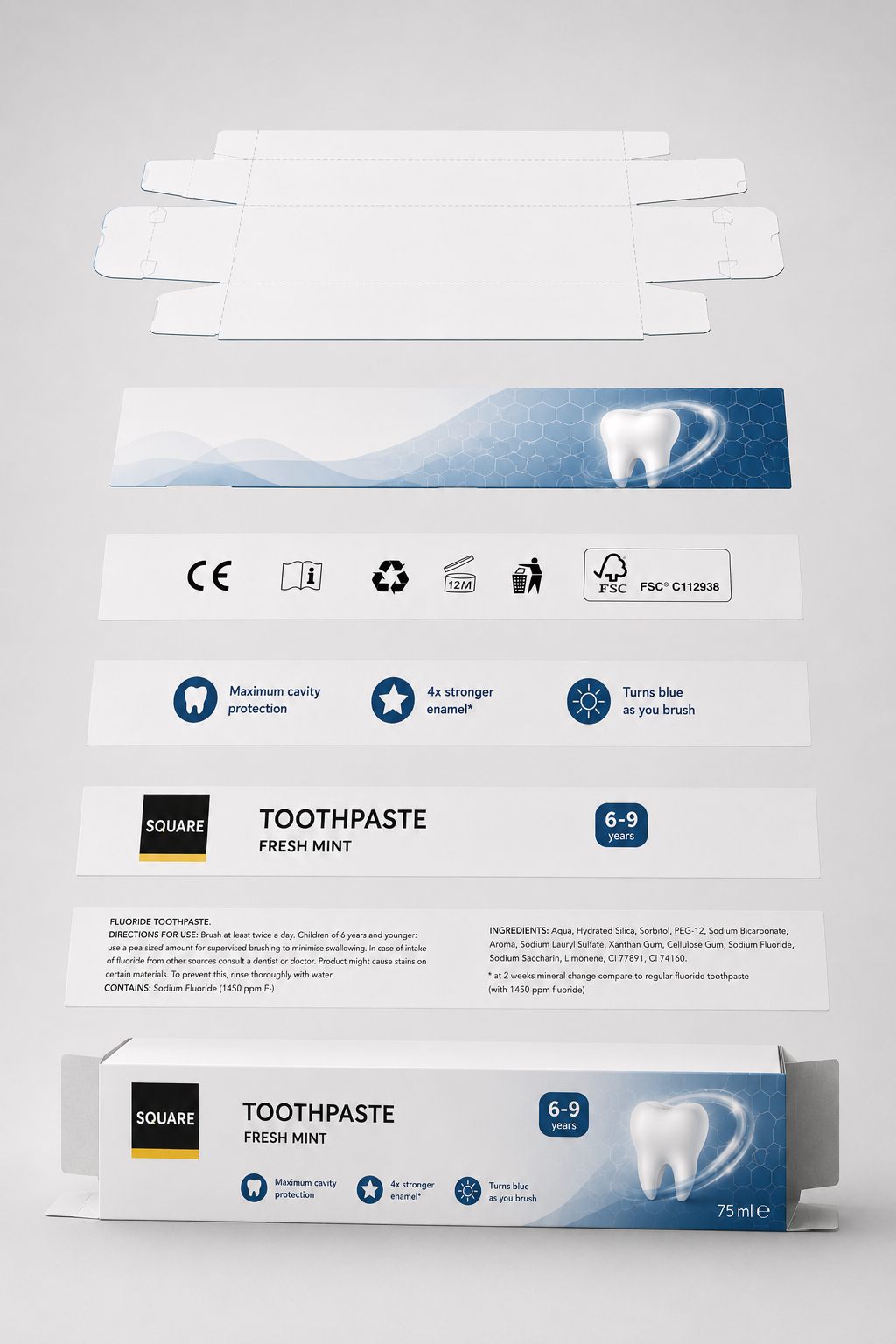 Exploded view of a toothpaste carton artwork showing every element