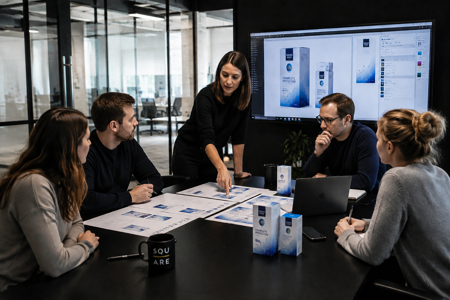 A Square project manager and packaging designer reviewing artworks